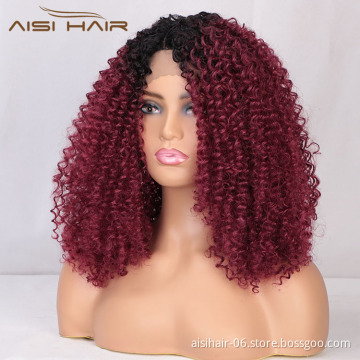Aisi Hair Medium Long Afro Kinky Curly Wig Cosplay Ombre Red Swiss Lace Synthetic Wig Lace Frontal Hair Wigs For Black Women